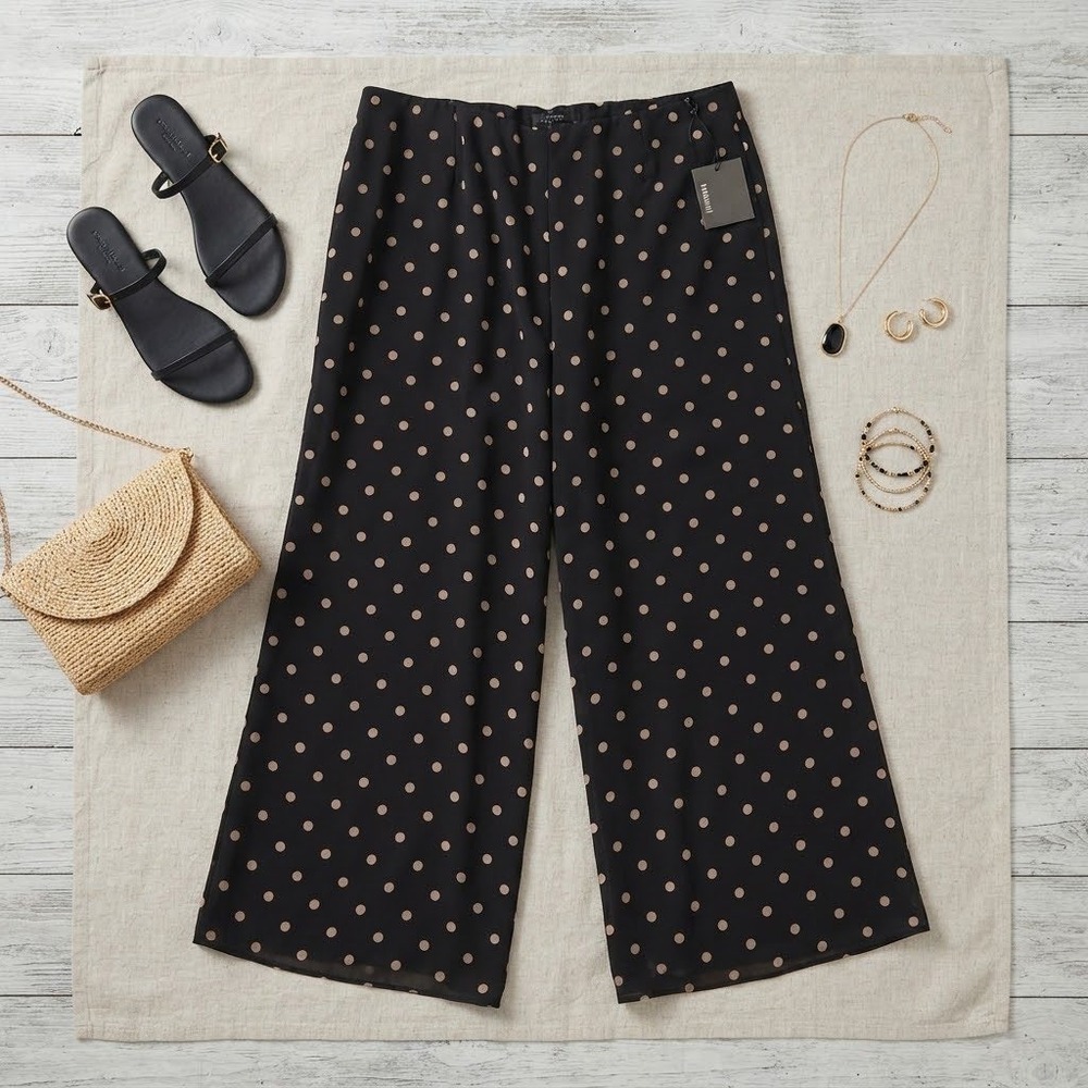 Eloquii Black Tan Polka Dot Wide Leg Pants Plus Size 22 Side Slit NWT *Flaw*